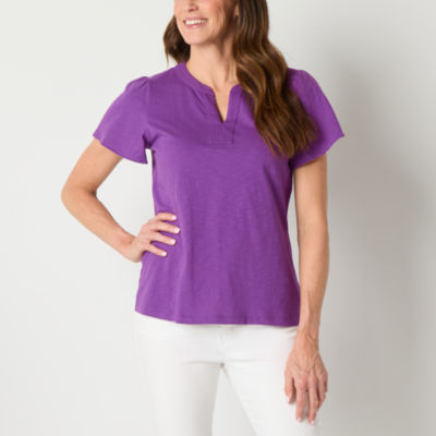 St. John's Bay Womens Split Crew Neck Short Sleeve Blouse