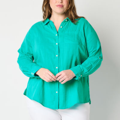 St. John's Bay Plus Womens Long Sleeve Relaxed Fit Button-Down Shirt