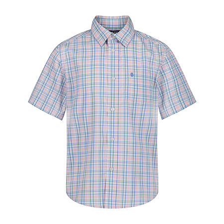 IZOD Big Kid Boys Short Sleeve Regular Fit Button-Down Shirt, Medium (10-12), Pink