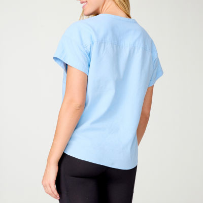 Free Country Womens Split Crew Neck Fitted Short Sleeve Loose Fit Stretch Fabric Button-Down Shirt