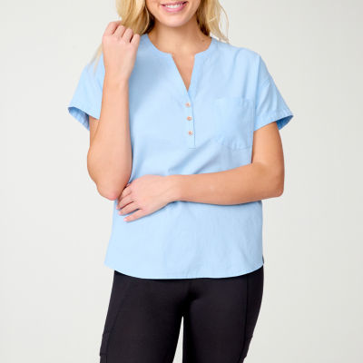 Free Country Womens Split Crew Neck Fitted Short Sleeve Loose Fit Stretch Fabric Button-Down Shirt