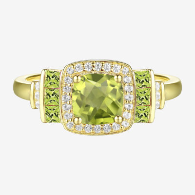 Womens Genuine Green Peridot 14K Gold Over Silver Cushion Halo Cocktail Ring