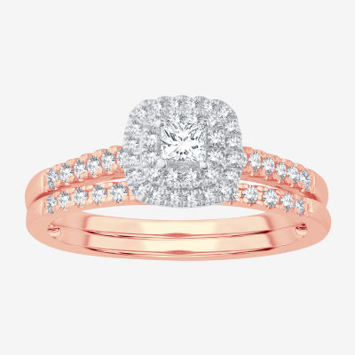 1/2 CT.T.W. Natural Diamond Cushion Shape Side Stone Halo Bridal Set in 10K or 14K Gold