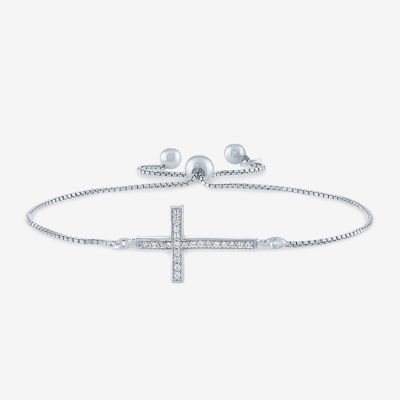Sideways Womens 1/10 CT. T.W. Natural White Diamond Sterling Silver Cross Bolo Bracelet
