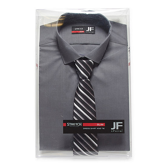 JF J.Ferrar Mens Spread Collar Long Sleeve Stretch Fabric Shirt + Tie Set Slim