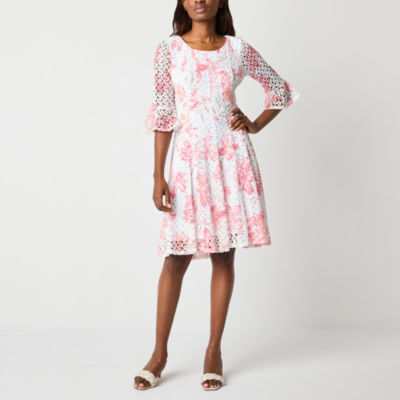 Rabbit Design 3/4 Sleeve Floral Lace Fit + Flare Dress