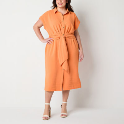 Worthington Plus Short Sleeve Midi Shirt Dress