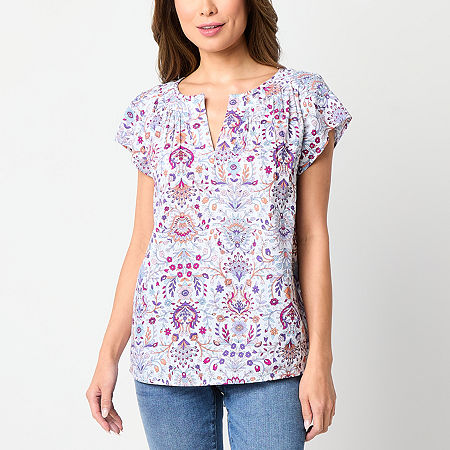 St. John's Bay Tall Womens Split Crew Neck Short Sleeve Embroidered Blouse