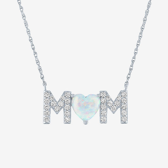 "Mom" Womens Lab Created White Opal Sterling Silver Heart Pendant Necklace
