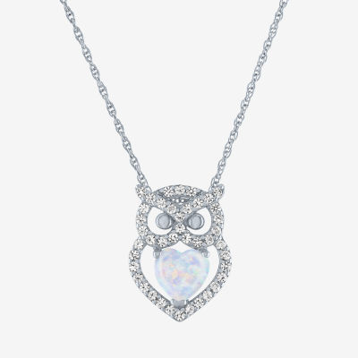 Owl Womens Lab Created White Opal Sterling Silver Pendant Necklace