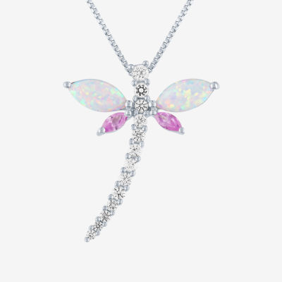 Womens Lab Created White Opal Sterling Silver Dragonfly Pendant Necklace