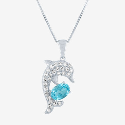 Womens Genuine Blue Topaz Sterling Silver Dolphin Pendant Necklace