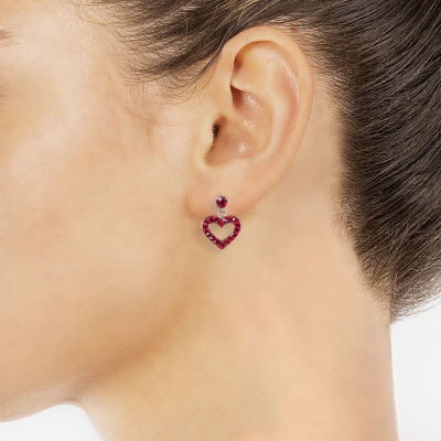 Silver Treasures Womens Red Crystal Sterling Silver Heart Drop Earrings