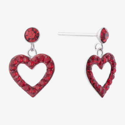 Silver Treasures Womens Red Crystal Sterling Silver Heart Drop Earrings