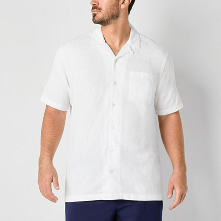 Shaquille O'Neal XLG Jacquard Camp Big and Tall Mens Regular Fit Short Sleeve Floral Button-Down Shirt, X-large Tall, White