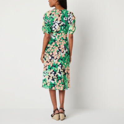 Liz Claiborne Womens Elbow Sleeve Leaf Midi Wrap Dress