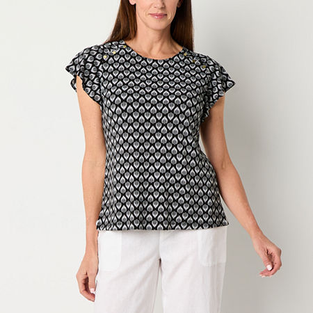 Liz Claiborne Womens Round Neck Short Sleeve Blouse, Petite Medium, Black