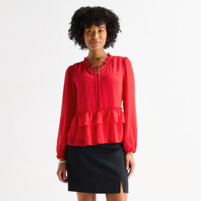 by&by Womens Juniors Split Tie Neck Long Sleeve Blouse