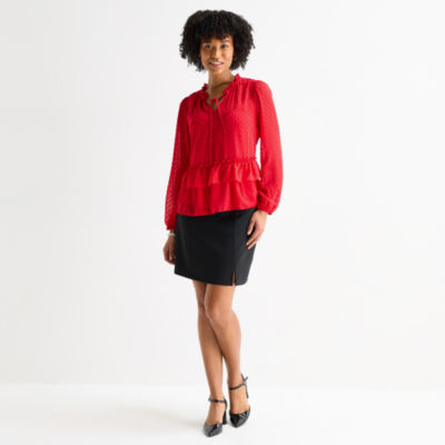 by&by Womens Juniors Split Tie Neck Long Sleeve Blouse