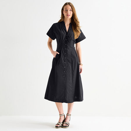 Liz Claiborne Womens Midi V Neck Short Sleeve A-Line Dress