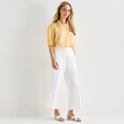 Liz Claiborne Linen Womens Wide Leg Mid Rise Cropped Pant