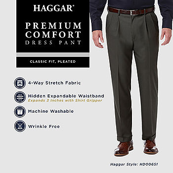 Haggar Men's No-Iron Classic-Fit Expandable-Waist Pleat-Front Pant