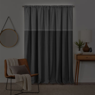 Fieldcrest Devin Flippable Stripe Cotton Chambray Rod Pocket Energy Saving 100% Blackout Single Curtain Panel