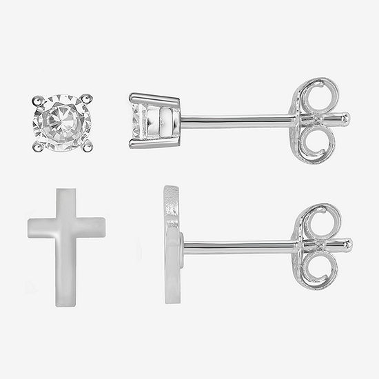 Itsy Bitsy Made With Recycled Sterling Silver 2 Pair Cubic Zirconia Cross Earring Set