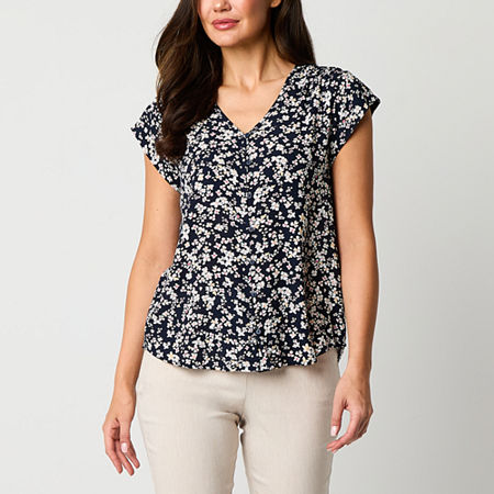 Liz Claiborne Womens V Neck Short Sleeve Blouse, Medium, Blue