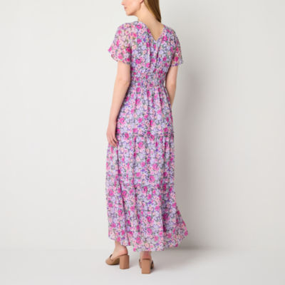 Rabbit Design Short Sleeve Floral Maxi Dress