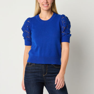 Liz Claiborne Womens Round Neck Elbow Sleeve Pullover Sweater