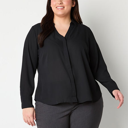 Liz Claiborne Womens Long Sleeve Regular Fit Button-Down Shirt, 0x, Black