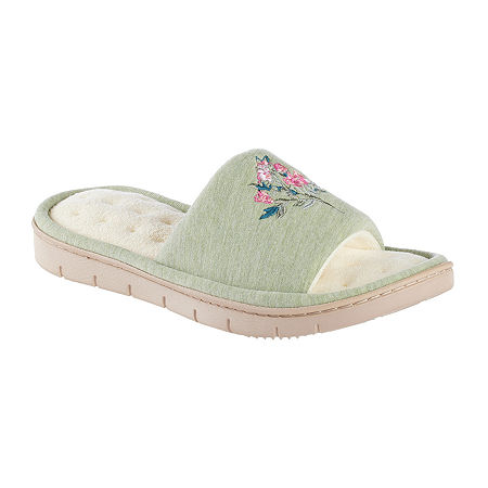 Isotoner Embroidered Jersey Womens Slip-On Slippers, 9.5-10, Green