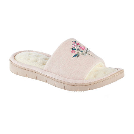 Isotoner Embroidered Jersey Womens Slip-On Slippers, 6.5-7, Pink