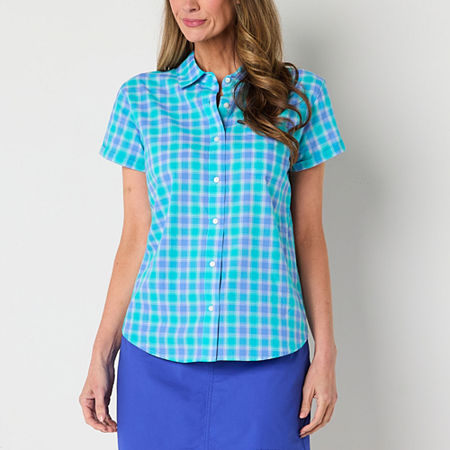 St. John's Bay Womens Short Sleeve Adaptive Regular Fit Easy-on + Easy-off Hidden Access Opening Button-Down Shirt, Medium, Blue
