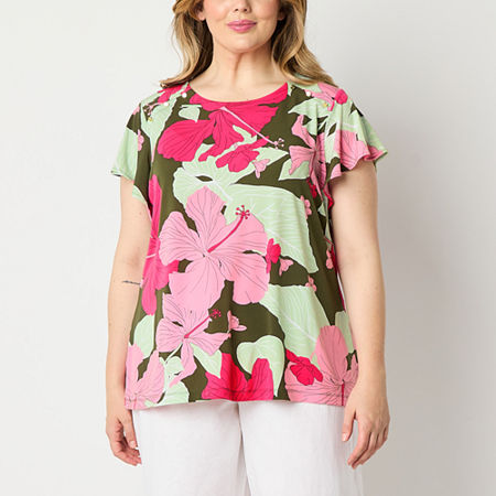 Liz Claiborne Womens Round Neck Short Sleeve Plus Blouse, 3x, Pink
