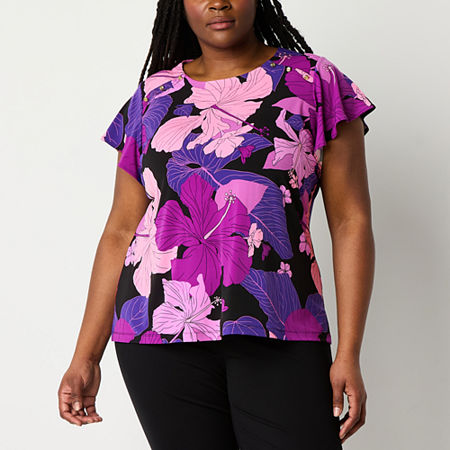 Liz Claiborne Plus Womens Round Neck Short Sleeve Blouse, 2x, Purple