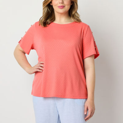 Liz Claiborne Womens Round Neck Short Sleeve Plus Blouse
