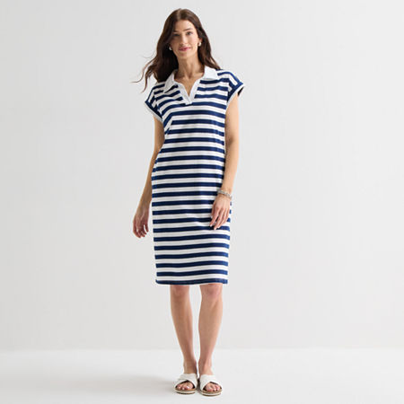 St. John's Bay Womens Short Sleeve Midi Striped Shirt Dress