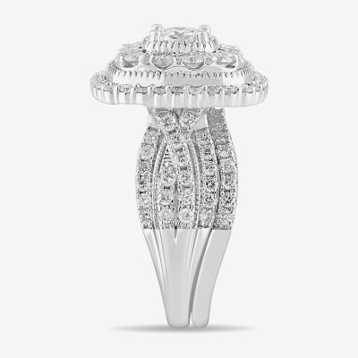 (G-H / Si1-Si2) Womens 2 CT. T.W. Lab Grown White Diamond 10K Gold Cushion Side Stone Bridal Set