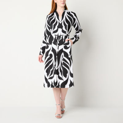 Worthington Womens Long Sleeve Geometric Midi Shirt Dress, Color Largo
