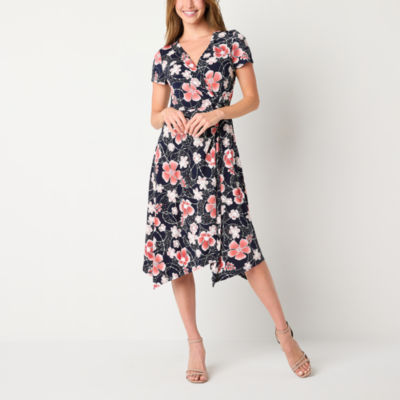 Perceptions Petite Short Sleeve Floral Midi Fit + Flare Dress