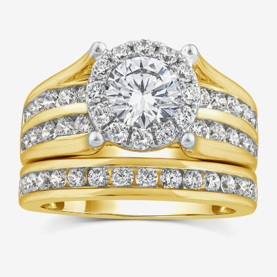 (G / Si1-Si2) Womens 3 CT. T.W. Lab Grown White Diamond 10K Gold Round Side Stone Halo Bridal Set