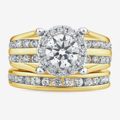 (G / Si1-Si2) Womens 3 CT. T.W. Lab Grown White Diamond 10K Gold Round Side Stone Bridal Set