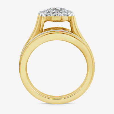 (G / Si1-Si2) Womens 3 CT. T.W. Lab Grown White Diamond 10K Gold Round Side Stone Halo Bridal Set