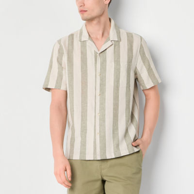 mutual weave Mens Linen Blend Short Sleeve Striped Camp Shirt