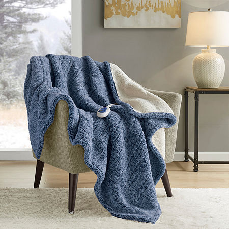 True North By Sleep Philosophy Marbled Sherpa Heated Washable Midweight Electric Throws, One Size, Blue