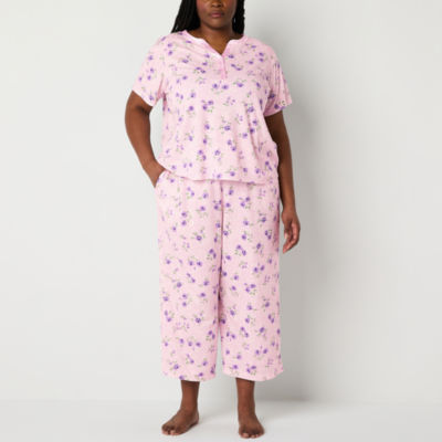 Adonna Womens Round Neck Short Sleeve 2-pc. Plus Pajama Sets