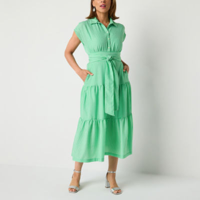 Danny & Nicole Womens Short Sleeve Striped Midi Shirt Dress