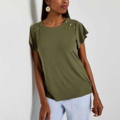 Liz Claiborne Womens Round Neck Short Sleeve Blouse